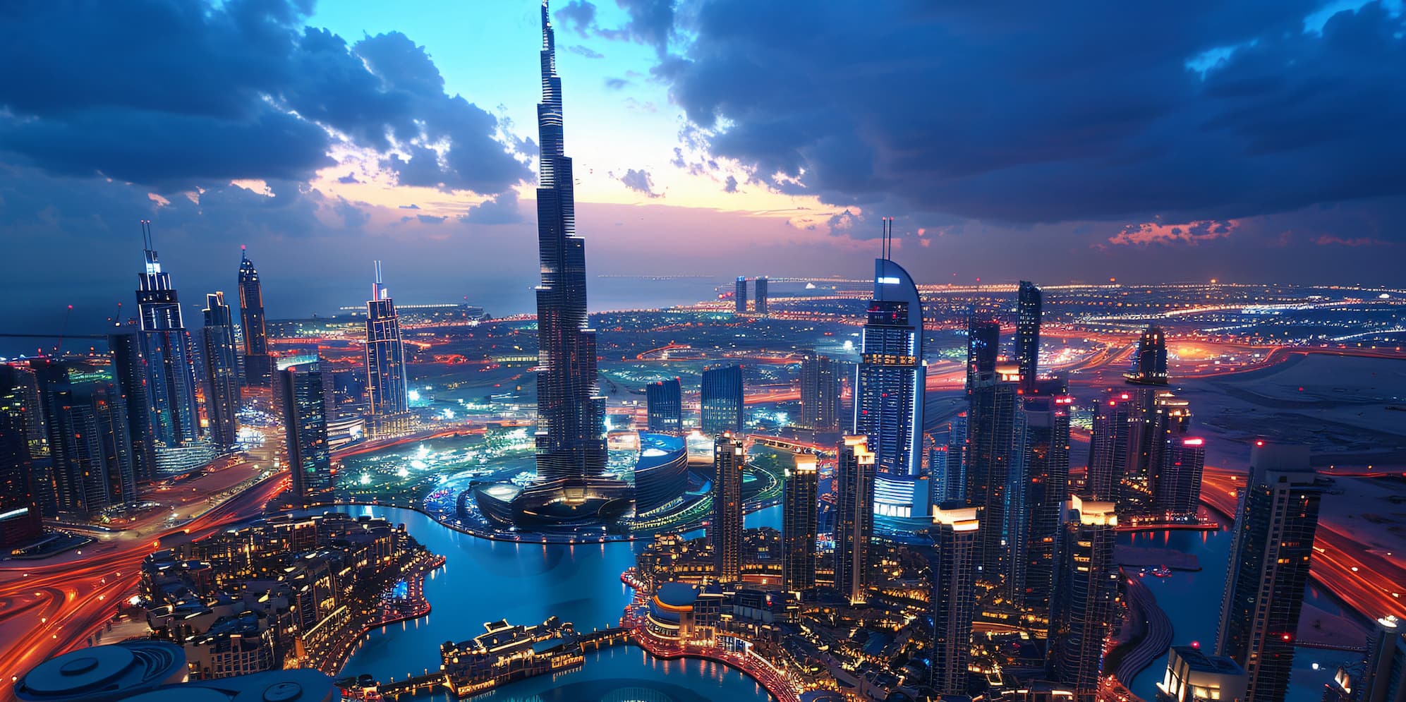 Downtown Dubai and the Burj Khalifa at dusk